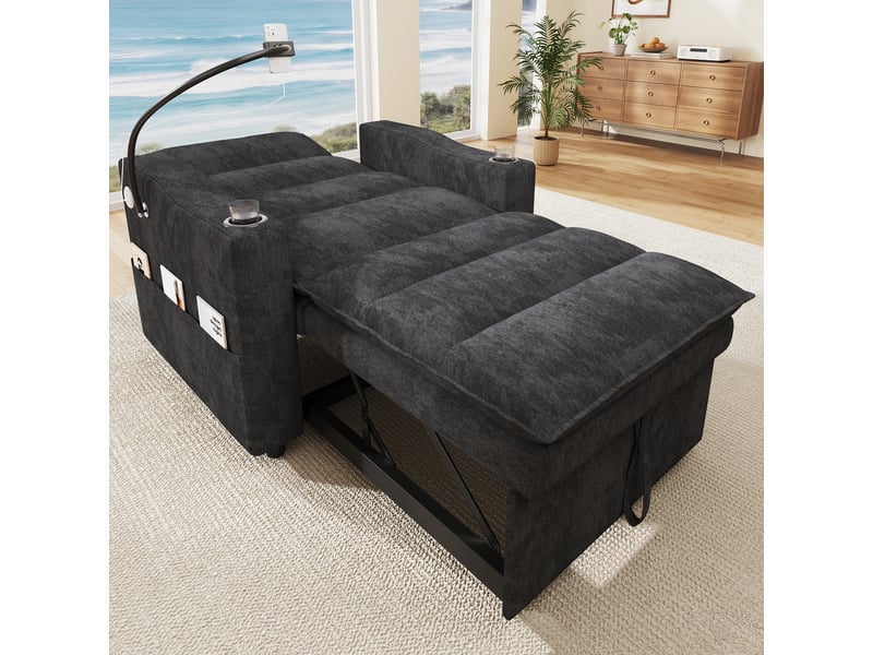 Fauteuil convertible 1 place 3-en-1 94x147 cm, couchage jusqu’à 173 cm, dossier 3 positions, usbusb-c, support téléphone 360°, chenille grise Morn Vibe - Conforama D