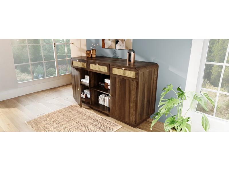  Buffet bas vaisselier 120x40x85 cm noyer mdf panneaux particules 3 tiroirs 2 portes rangement ouvert étagères réglables poignées dorées Sol Morn - Conforama E