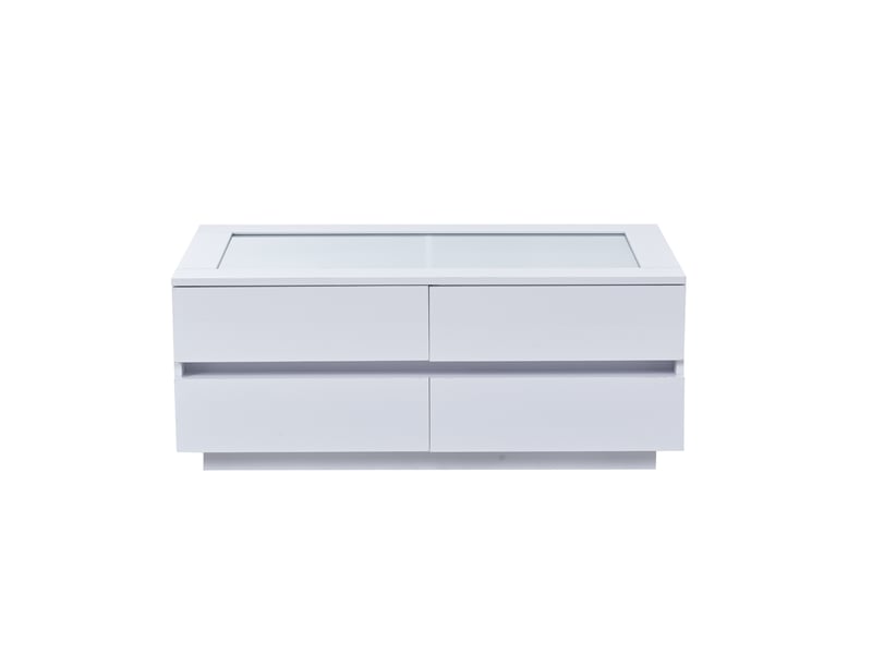 Table basse blanche moderne 100 x 50 x 40 cm, avec 4 tiroirs, éclairage led, plateau en verre trempé et façades brillantes. Table de salon robuste en panneaux de particules supportant une charge de 35 kg.  - Conforama E