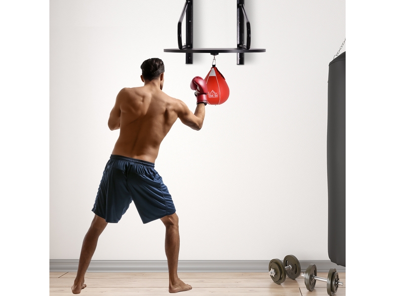  Punching ball poire de vitesse boxe avec support plateau tournant + pompe en bois hauteur réglable acier revêtement synthétique rouge noir  - Conforama D