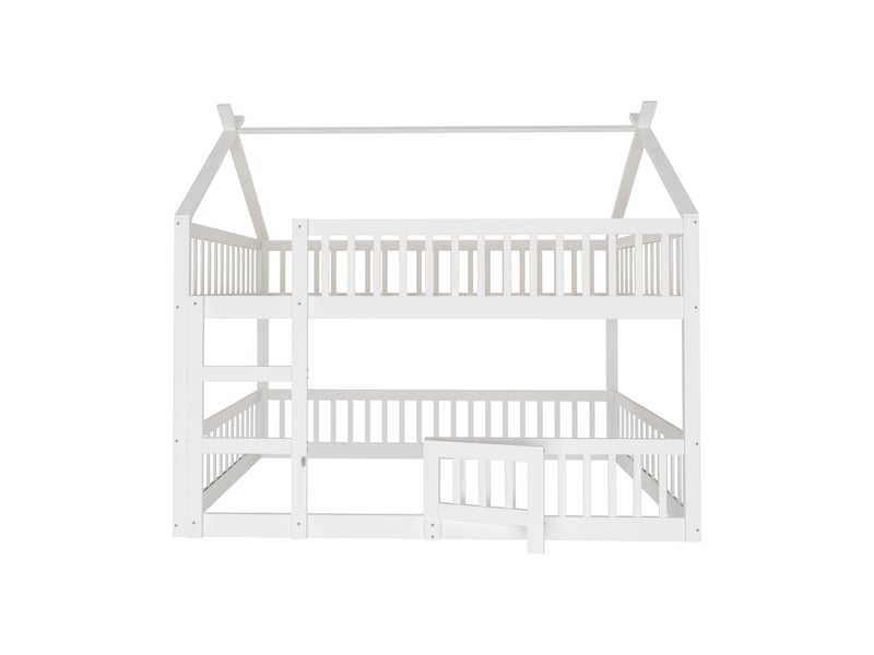  Lit superposé enfant 140x200, lit mezzanine avec escalier et toit, cadre en bois massif, lit cabane blanc avec barrière de sécurité.  - Conforama A