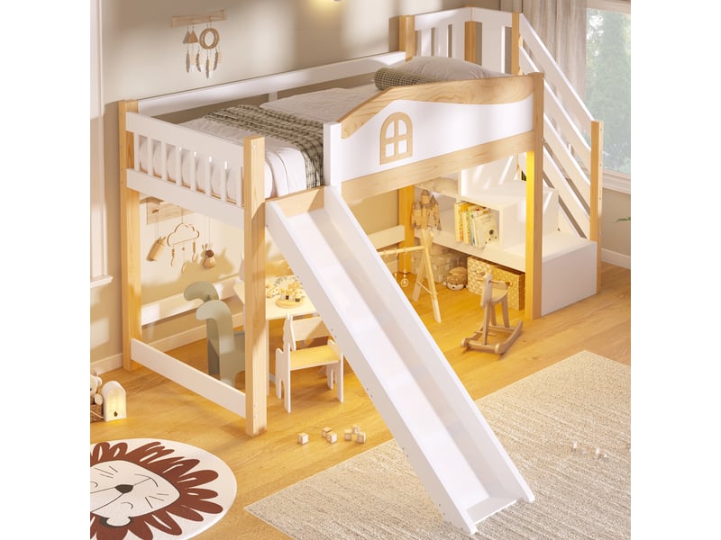  Lit mezzanine enfant 90 x 200 cm avec toboggan et escalier de rangement, éclairage led et garde-corps, barrière de sécurité, pin, blanc Morn Vibe - Conforama C
