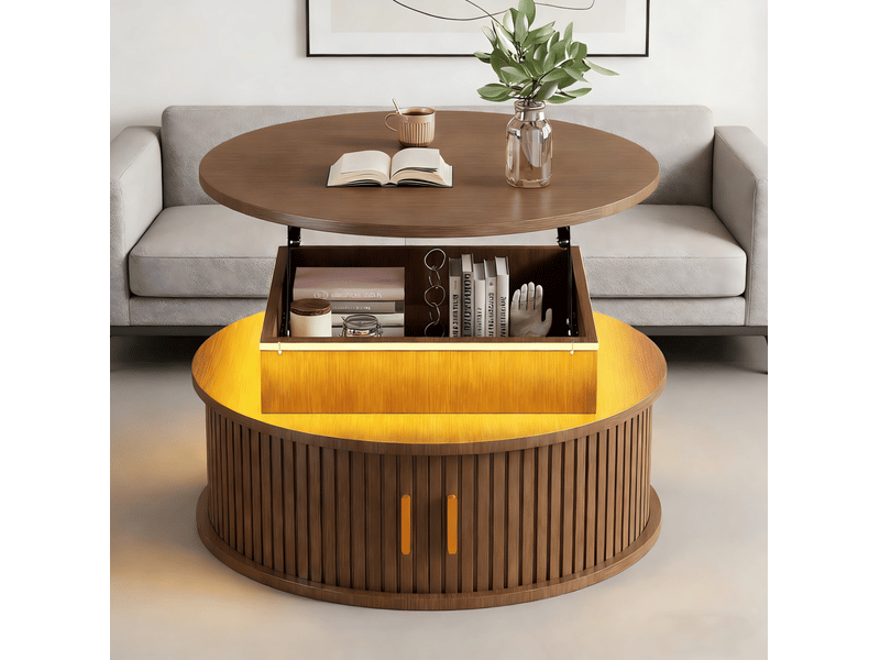  Table basse ronde relevable 75x75x52 cm en mdf coloris noyer avec led  - Conforama E