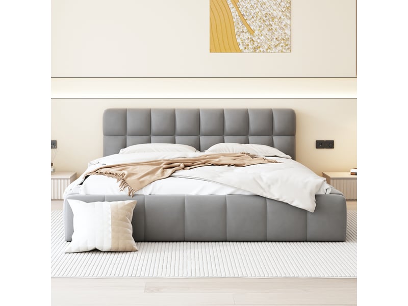  Lit 2 place 140x190 cm avec sommier à lattes et tête de lit à volants, lit enfant moderne, tissu lin gris, sans matelas  - Conforama B
