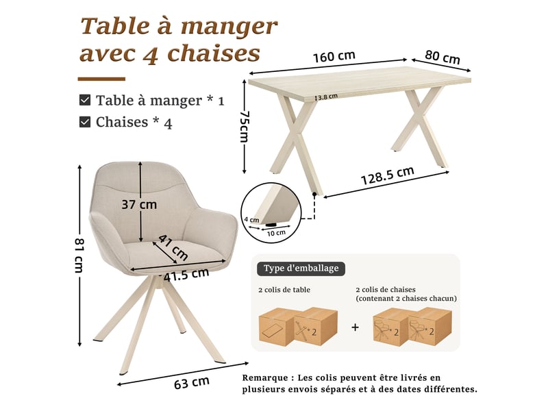  Ensemble table et 4 chaises - table rectangulaire 160x80 cm monobloc en travertin et pieds métal, 4 chaises en tissu beige et pieds en métal blanc  - Conforama C