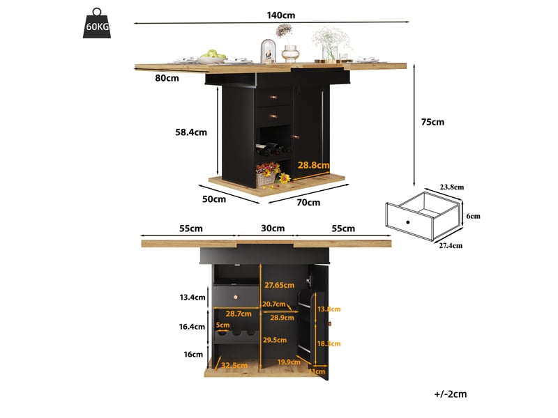  Table à manger extensible, 110-140x80x75 cm, 4-6 places avec porte-snacks, salle à manger, mdf, coloris noir et naturel  - Conforama C