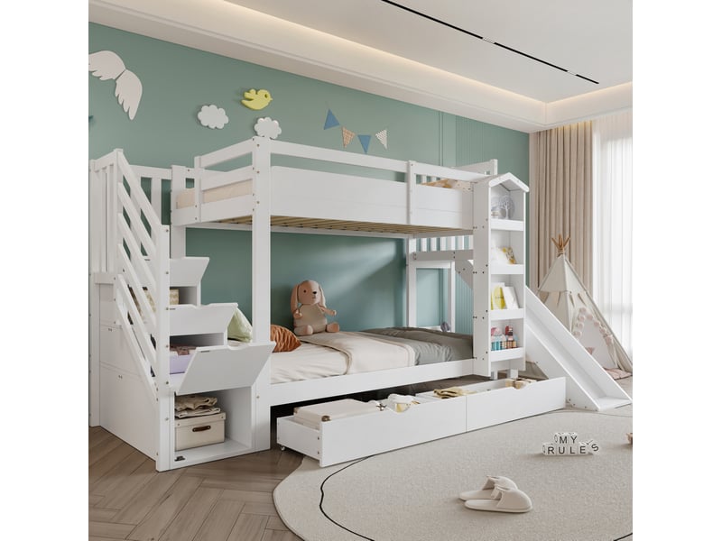  Lit superposé enfant 90x200 cm blanc avec toboggan, rangements et étagère  - Conforama E