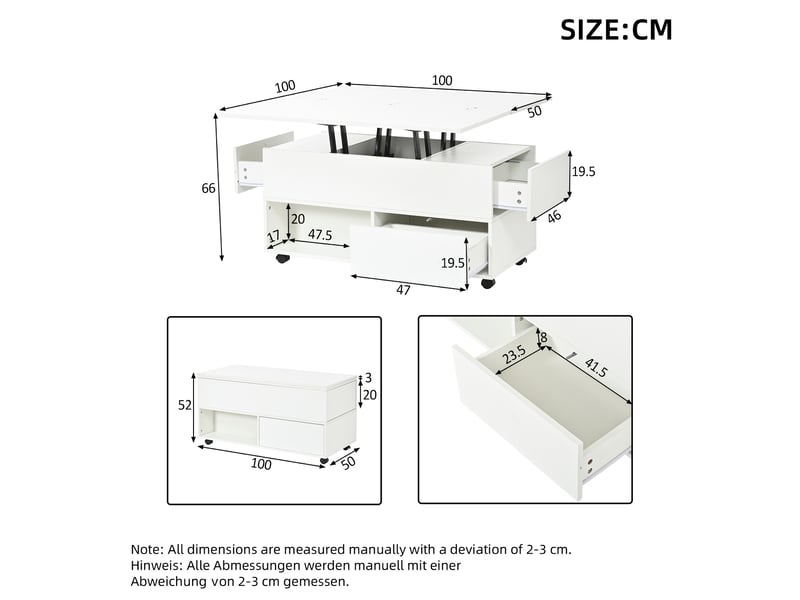  Table basse relevable 100x50x52 cm à roulettes panneau de particules blanche  - Conforama E
