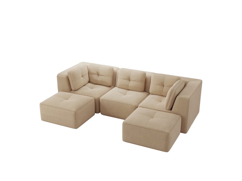  Canapé d'angle, canapé modulable — sans cadre, sans montage, avec pouf, en velours tricoté, forme u, 3 places, assise profonde, beige  - Conforama B