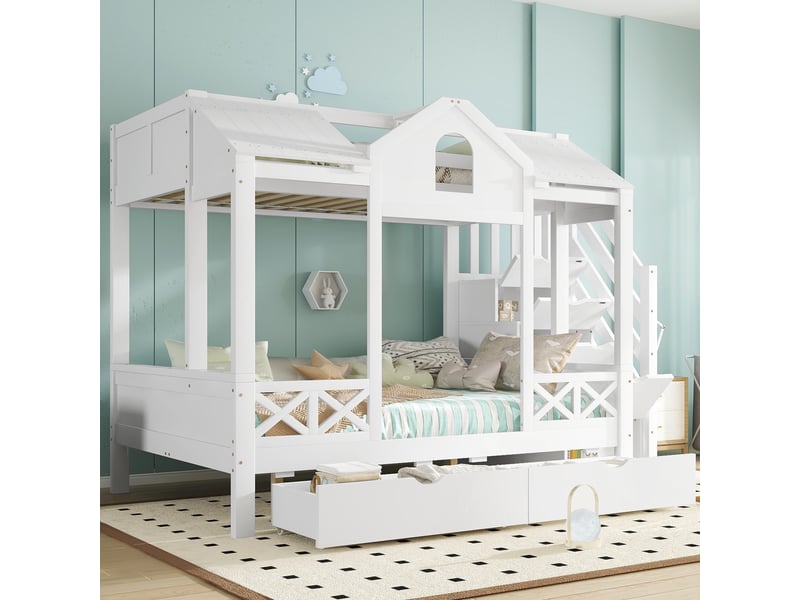  Lit superposé enfant 90x200 et 140x200 cm, lit cabane avec escalier de rangement et 2 tiroirs, en bois de pin et mdf, blanc  - Conforama B