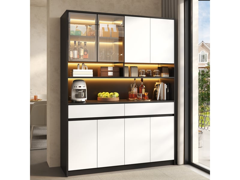  Buffet haut 160x120 cm en mdf avec éclairage led intégré, portes vitrees et tiroirs, noir et blanc  - Conforama E