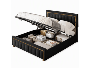Lit coffre 140x200, lit 2 places avec rangement hydraulique, tête de lit et sommier à lattes, velours noir