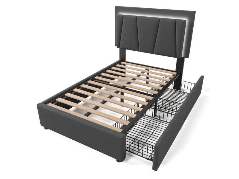 Lit 1 personne 90x200 cm avec tête de lit réglable en hauteur, cadre de lit avec led et 2 tiroirs, gris, lit enfant avec matelas  - Conforama D