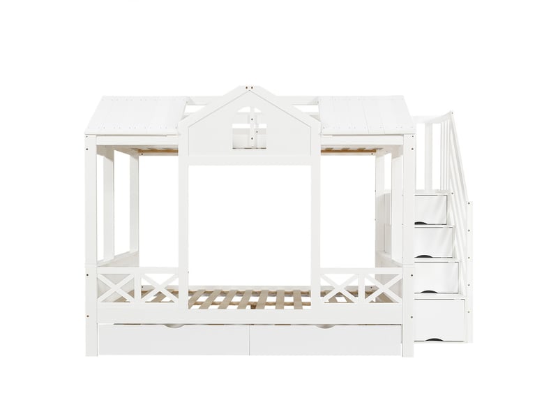  Lit superposé, 90 x 200 cm ,  avec 4 compartiments de rangement, pin + mdf + contreplaqué, blanc  - Conforama A