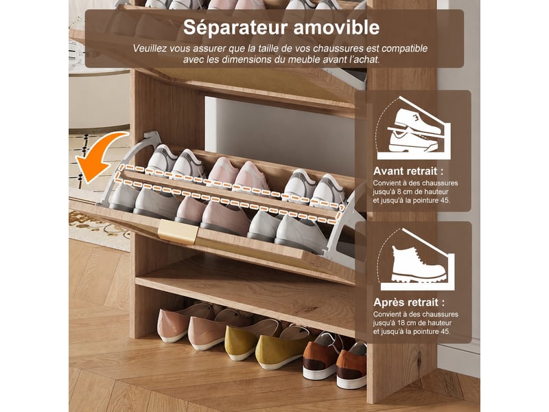  Meuble à chaussures étroit, 65x25x106 cm, 2 abattants effet rotin, 2 tiroirs, naturel Fay Lum - Conforama D