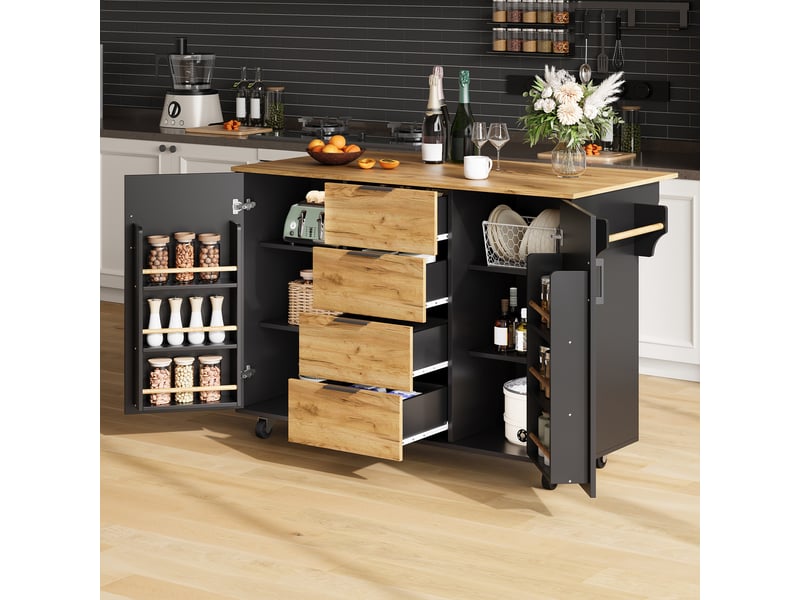  Îlot de cuisine roulant avec plan de travail rabattable, 4 tiroirs, mdf noir et bois 120 x 70 x 90 cm  - Conforama B