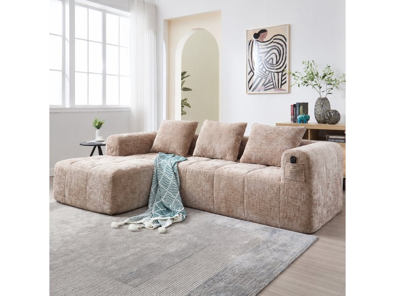  Canapé d’angle 3 places avec méridienne, modulable en chenille, poches latérales et 3 coussins lavables, kaki  - Conforama C