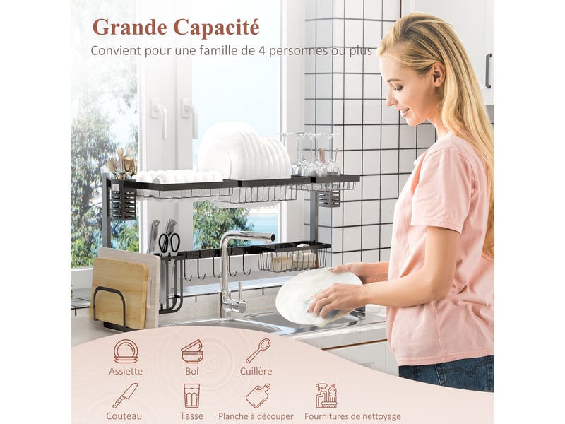  Égouttoir à vaiselle 2 niveaux porte-couteau support pour planche à découper 93 x 30 x 52,5 cm noir acier  - Conforama A