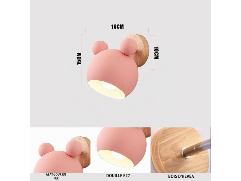  Lumière murale créative d'ours,lampe murale moderne e27 pour intérieur avec tête réglable rose  - Conforama D
