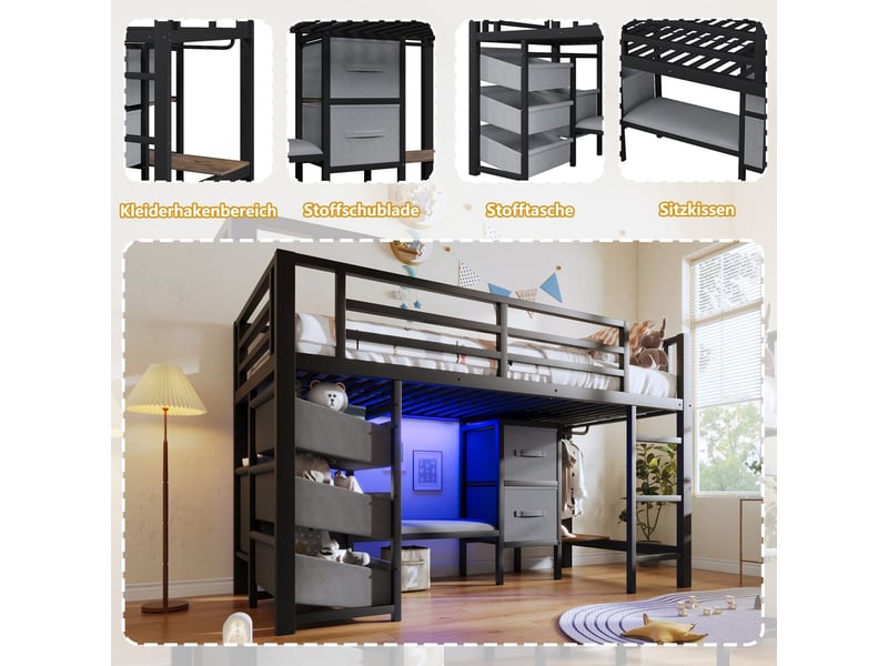  Lit mezzanine 90x200 métal noir avec led - lit simple - coussin, zone de suspension, tiroirs de rangement  - Conforama E