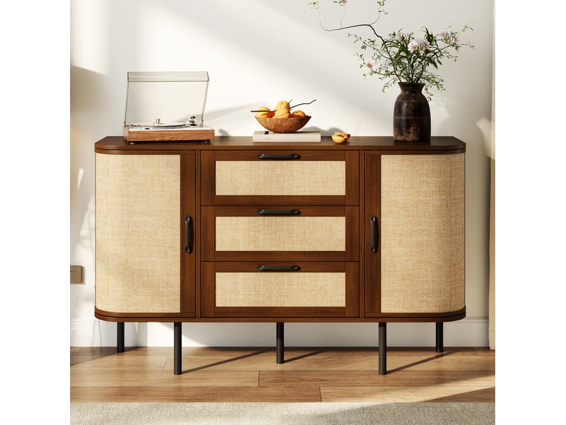  Buffet bas en mdf noyer 120 x 40 x 82 cm, 2 portes, 3 tiroirs et pieds noirs  - Conforama B