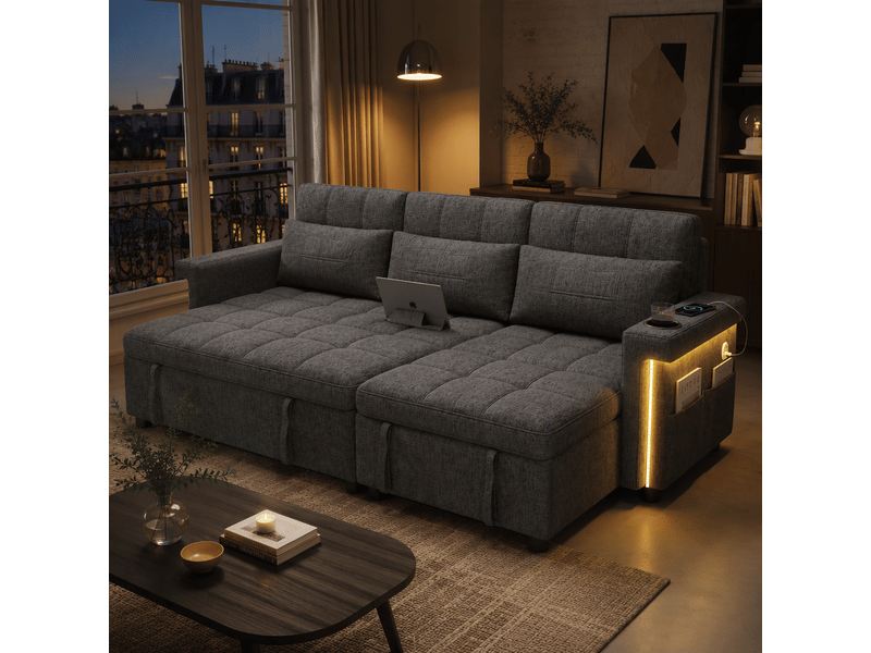 Canapé d’angle u convertible 4 places 268,5x141,5x90 cm, 2 méridiennes coffre, led, usb type-c, dossier réglable, gobelet, poche, chenille, gris - Conforama D