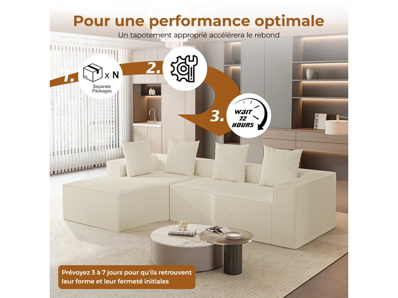  Canapé d'angle gauche modulaire 3 places compressé en velours côtelé,mousse haute densité,sans assemblage,canapé de salon,270x152x59cm,beige 270x152x59CM - Conforama W