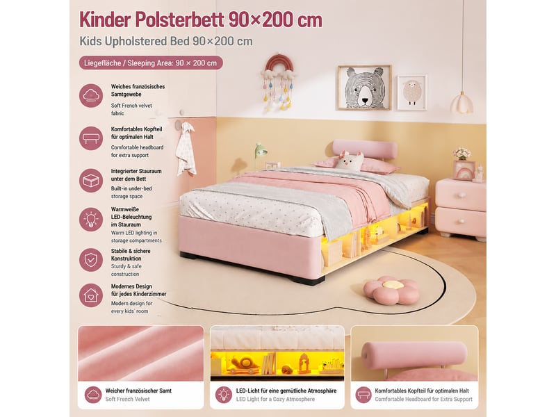  Lit enfant rose 90 × 200 cm en velours, rangement en tête de lit, structure basse, charge maximale 150 kg  - Conforama C