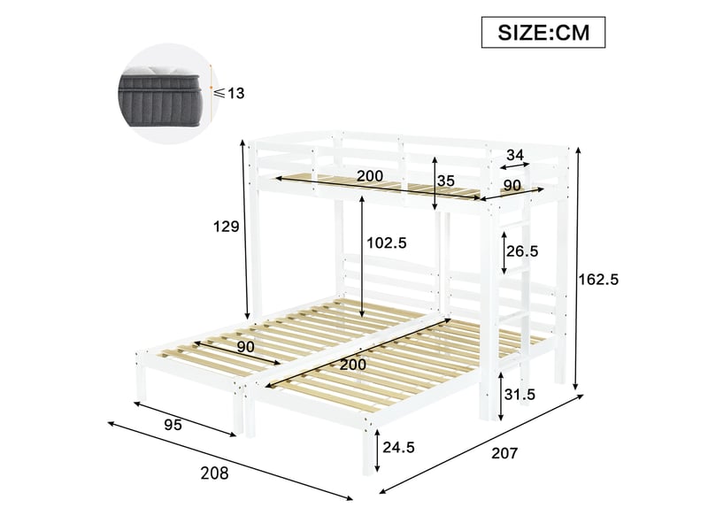  Lit superposé triple 90x200 cm pour enfants et adolescents en bois blanc  - Conforama E