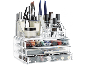 Organiseur de maquillage, boîte rangement make up avec tiroirs, support empilable, transparent