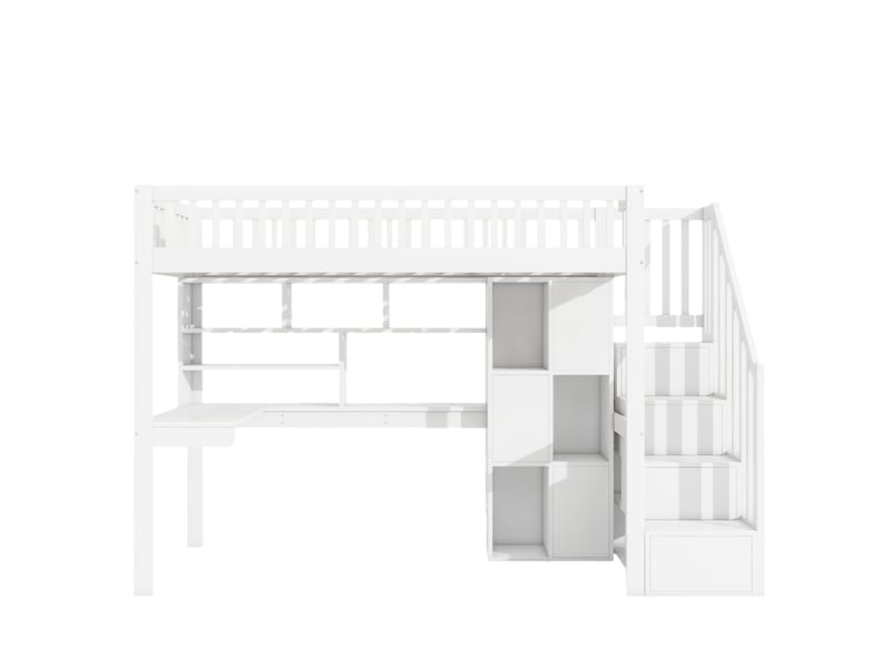 Lit mezzanine blanc 90x200 cm, led, bureau, escalier-rangement et étagères - Conforama A
