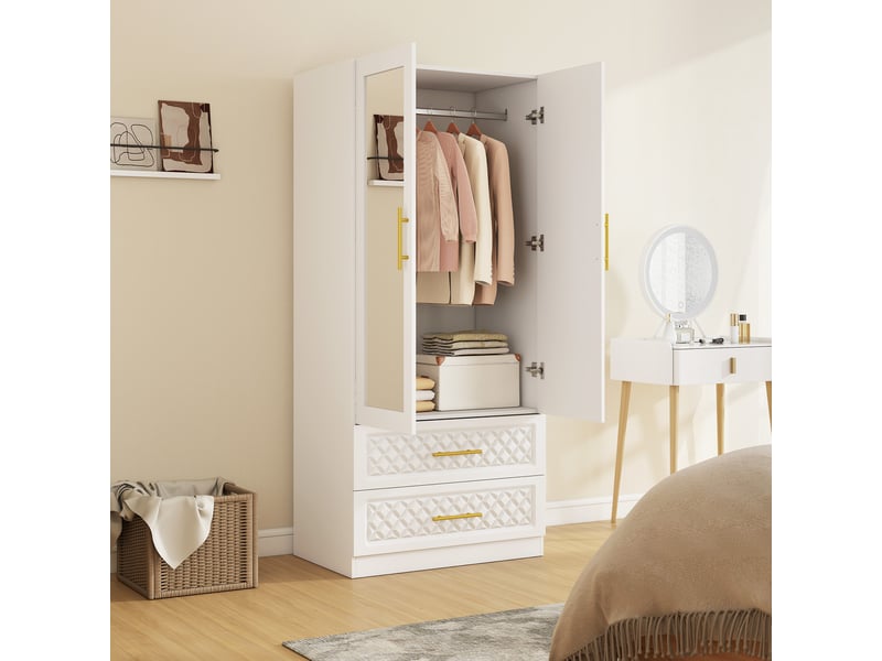  Armoire chambre penderie avec miroir, 2 tiroirs, 2 portes et barre de suspension, blanc, 80 x 50 x 180 cm  - Conforama D