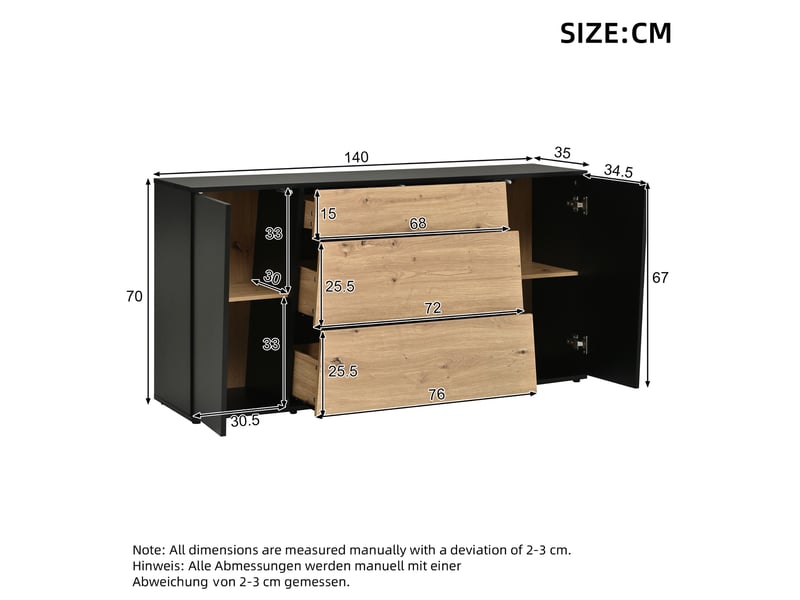 Buffet noir et bois 140 x 35 x 70 cm, meuble de rangement avec 3 tiroirs, 2 portes, étagères réglables et plateau supérieur - Conforama C