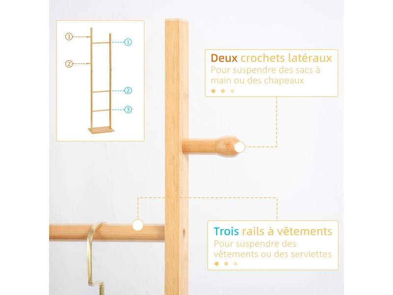  Porte-manteau sur pied avec 3 tringles et 2 crochets en bambou naturel 36x24x168 cm  - Conforama D