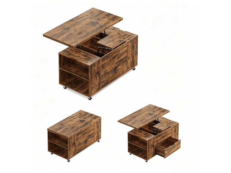  Table basse 50,5x100x53 cm, plateau escamotable, roulettes verrouillables, usage quotidien, pour salon, brun rustique  - Conforama A