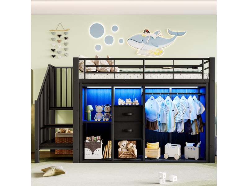  Lit mezzanine 90x200cm 2 tiroirs penderie ouverte led multicolore via appli rangements optimisés métal noir sans matelas  - Conforama D