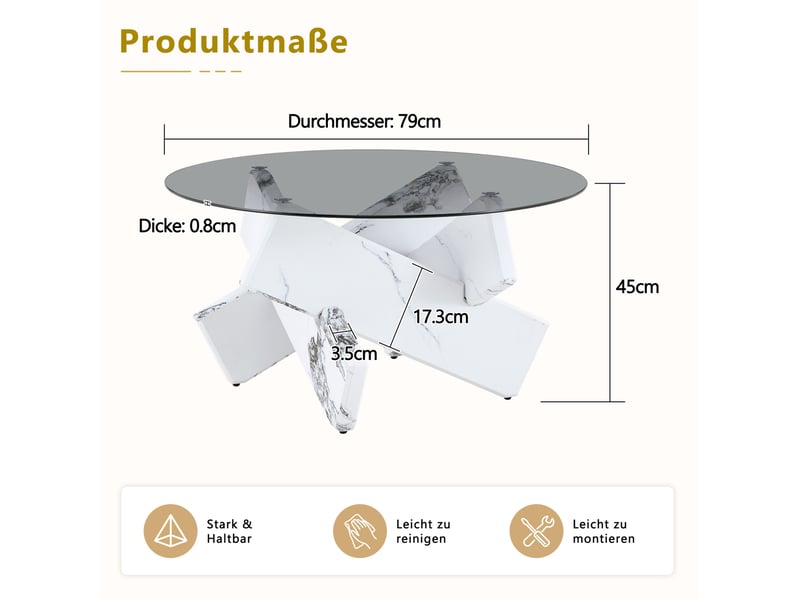  Table basse ronde avec plateau en verre trempé et piètement sculptural, style moderne, en mdf et verre, blanc  - Conforama D