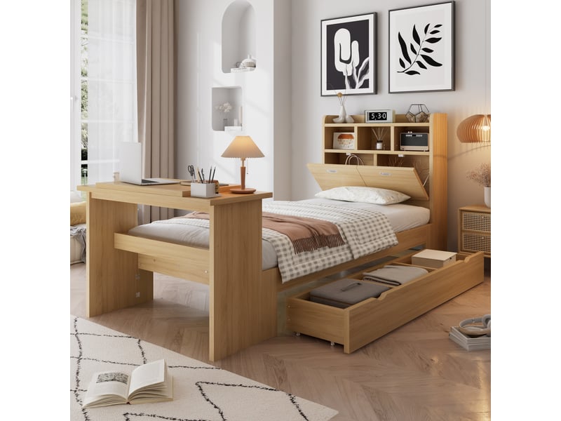  Lit enfant simple 90×200 cm avec tiroir, étagères et table rabattable - okmyhome- sans matelas, bois naturel  - Conforama C