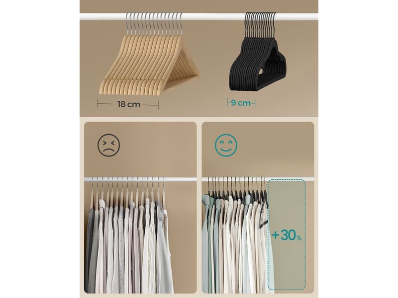 Songmics – cintres en velours antiglisse – lot de 50 – crochets pivotants 360° – épaisseur 0,6 cm – longueur 43,5 cm – pour manteaux, robes, pantalons, noir d'encre - Conforama C