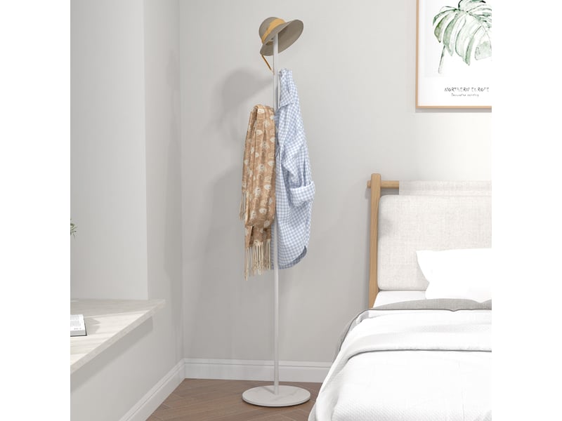  Porte-manteau sur pied avec 6 crochets disques et base en ardoise, en acier blanc, idéal pour l'entrée et la chambre.  - Conforama C
