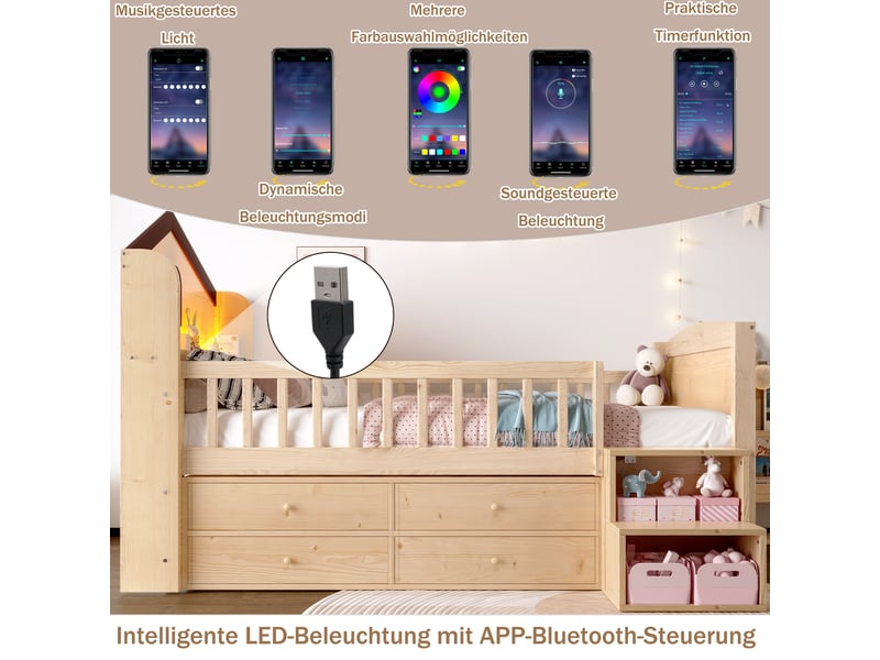  Lit mezzanine enfant 90×200 cm avec 4 tiroirs, led et échelle - okmyhome- étagères, sans matelas, pin naturel  - Conforama E