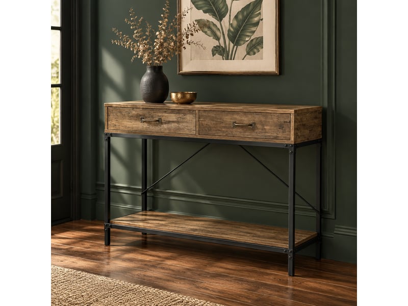  Console 100x35x76,5 cm en bois et métal avec 2 tiroirs marron et noir chicfurn  - Conforama C