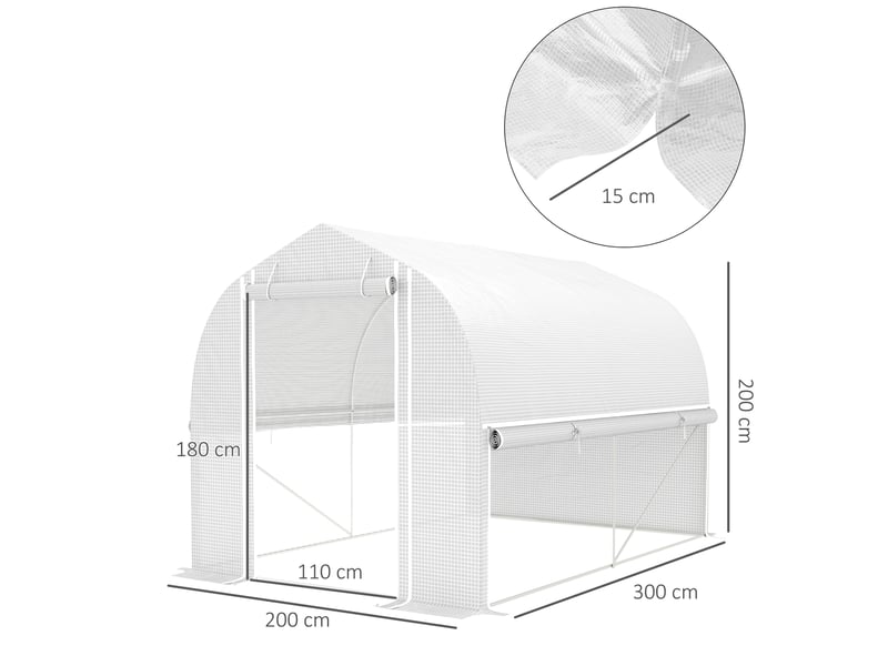  Serre tunnel de jardin 300x200x200 cm – blanche – 4 fenêtres, porte enroulable et bâche anti-uv  - Conforama C