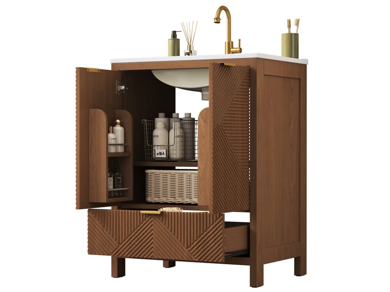 Meuble sous-vasque 61x47x87 cm – marron noyer – vasque céramique et rangement intégré, sans robinetterie - Conforama A