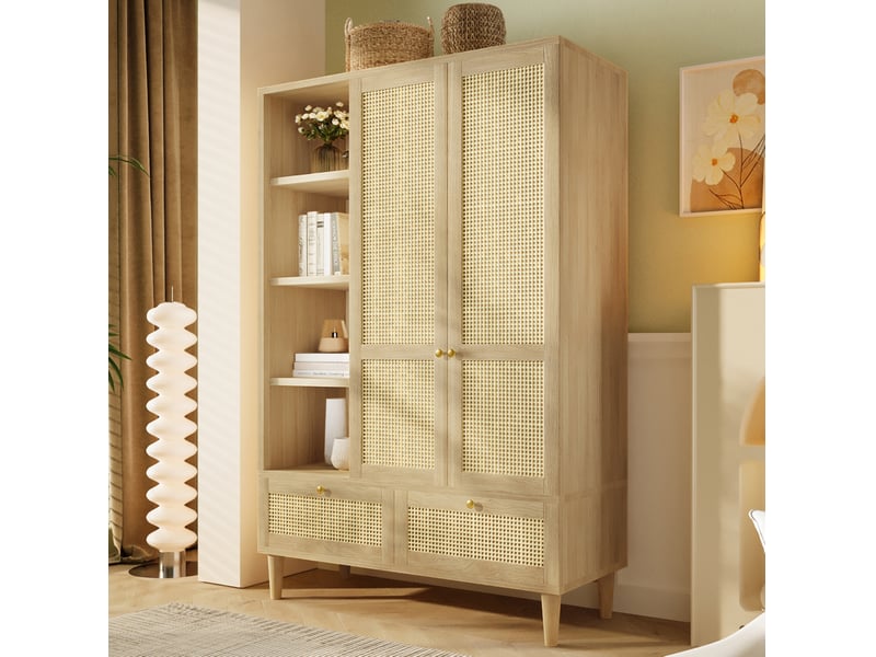  Armoire 2 portes style campagne – cannage en rotin, 2 tiroirs, 120 x 50 x 180 cm, chêne clair  - Conforama C