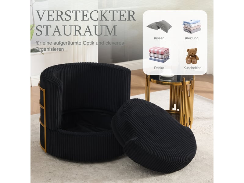  Fauteuil pivotant à 360 degrés avec rangement sous l’assise, rembourrage en mousse haute densité, velours côtelé noir  - Conforama E