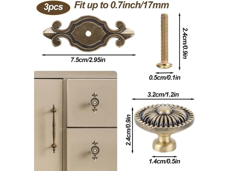  Ensemble de 3 boutons vintage de 25 mm, boutons pour portes, cuisine, meubles et placard avec vis  - Conforama B