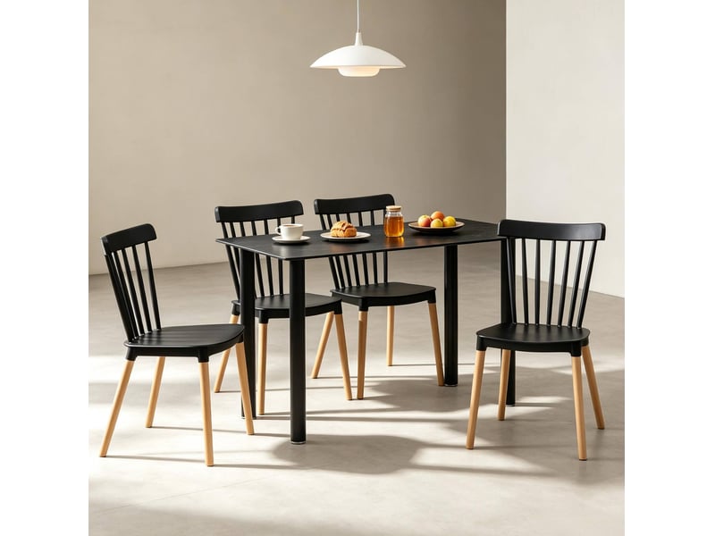  Lot de 4 chaises de salle à manger noires en polypropylène, pieds en bois clair, style scandinave moderne  - Conforama E