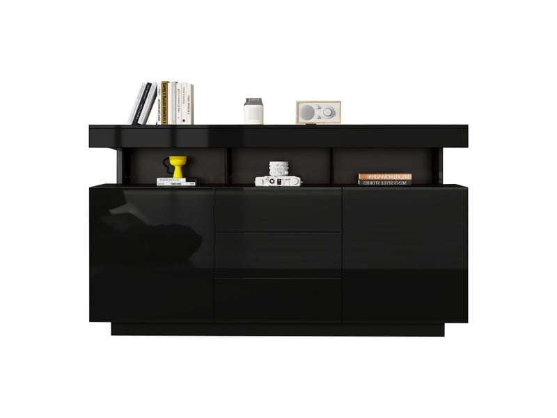  Buffet, 140 x 35 x 80 cm, bahut meuble de rangement avec lumineuse led, pour salle à manger, cuisine et couloir, noir  - Conforama A