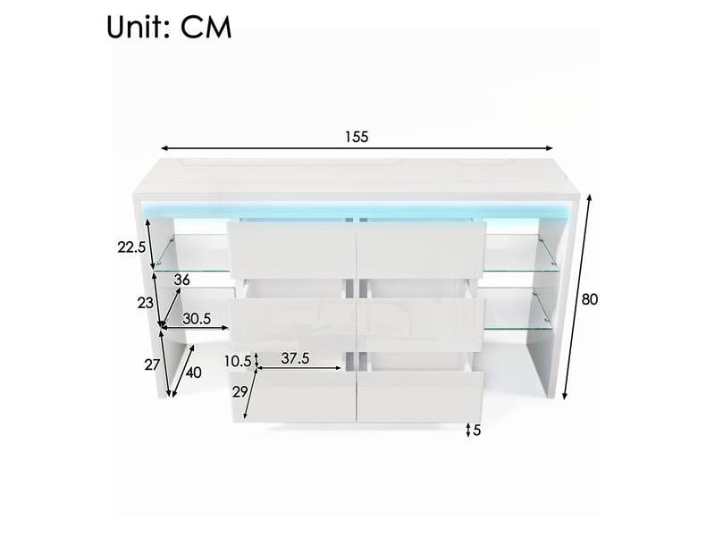  Buffet modenvie blanc brillant 155 x 40 x 80 cm avec 6 tiroirs, étagères en verre et éclairage led multicolore  - Conforama C